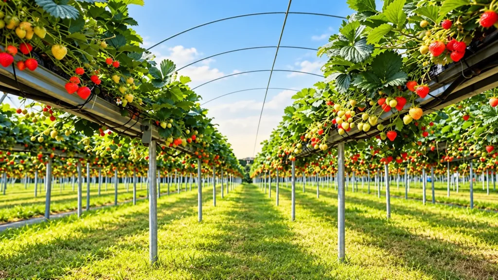 Strawberries growing under cover